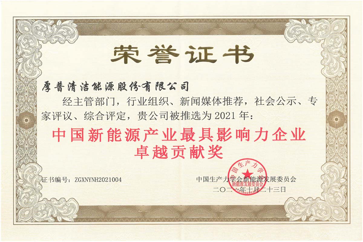 Premio a la contribución sobresaliente a la empresa más influyente en la industria de las nuevas energías de China